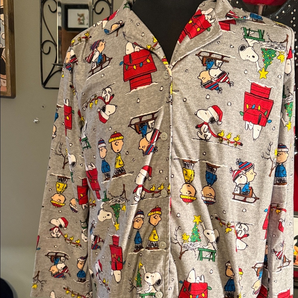 Peanuts Gray Pajamas- top and pants- with Snoopy and The Peanuts gang. Large